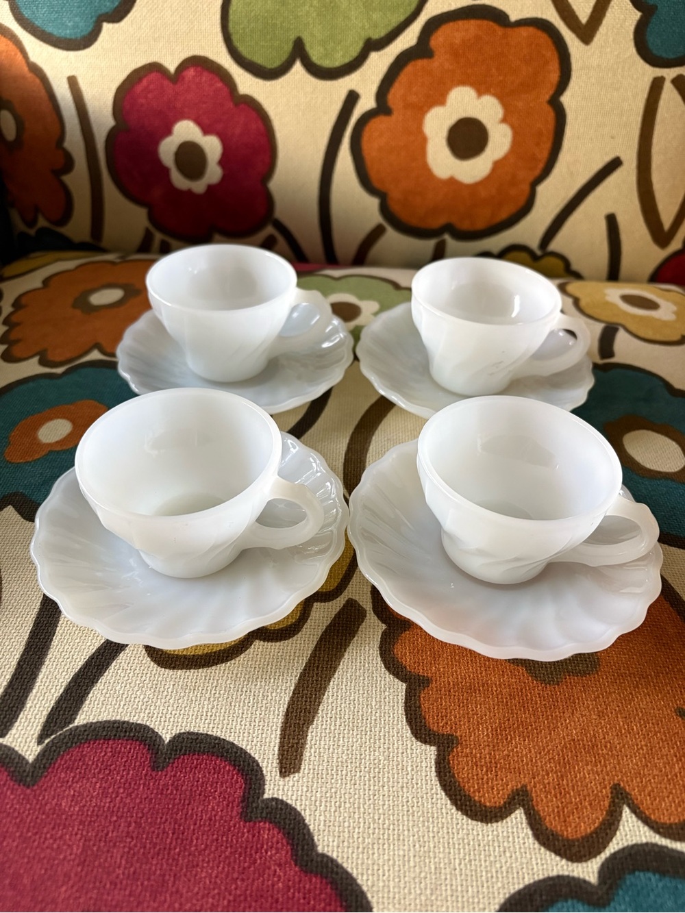 Set of 4 Fire King Milk Glass Demitasse Cup and Saucer Pairs